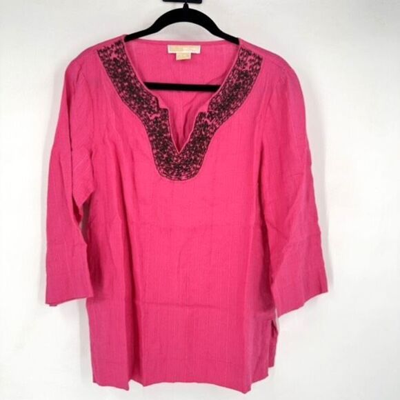 Michael Kors Bright Pink Cotton Embellished Beaded Tunic Blouse V Neck Large - Picture 1 of 10